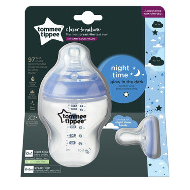 Tommee Tippee Closer To Nature Glow Bottle 260ml & Breast Like Night Glow 0-6 Months Soother Set-1