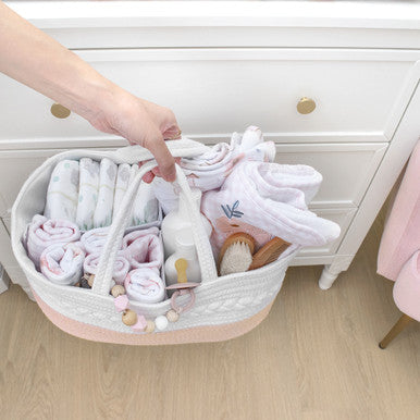 Living Textiles 100% Cotton Rope Nappy Caddy - Blush/White-2