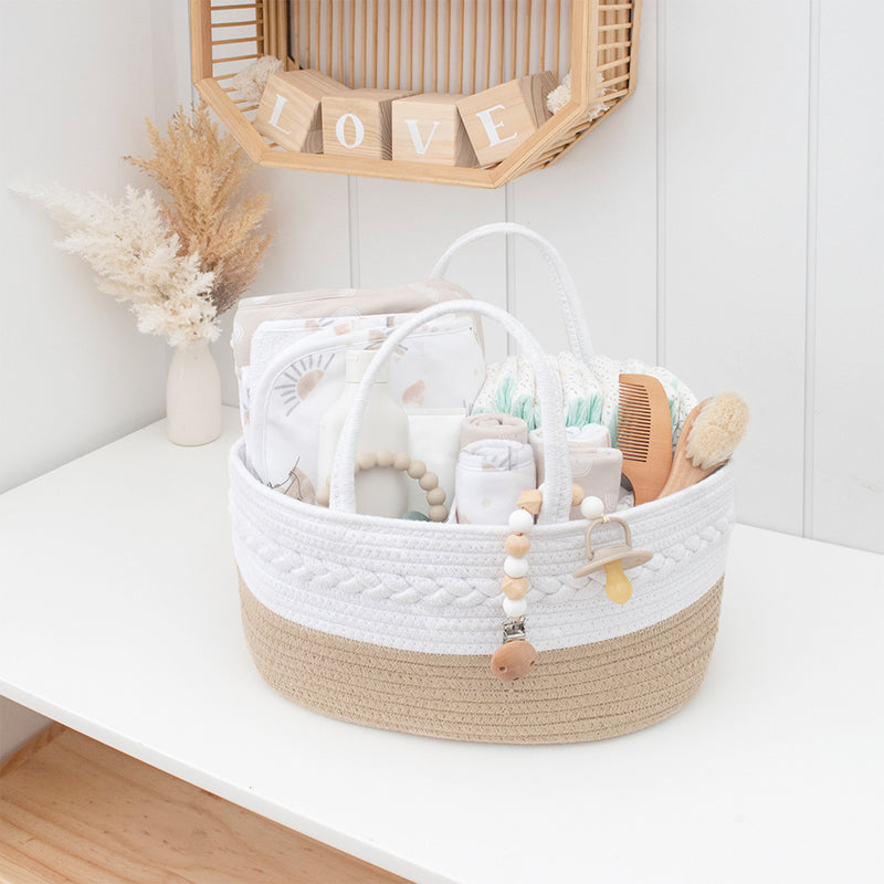Living Textiles 100% Cotton Rope Nappy Caddy - Natural/White-2