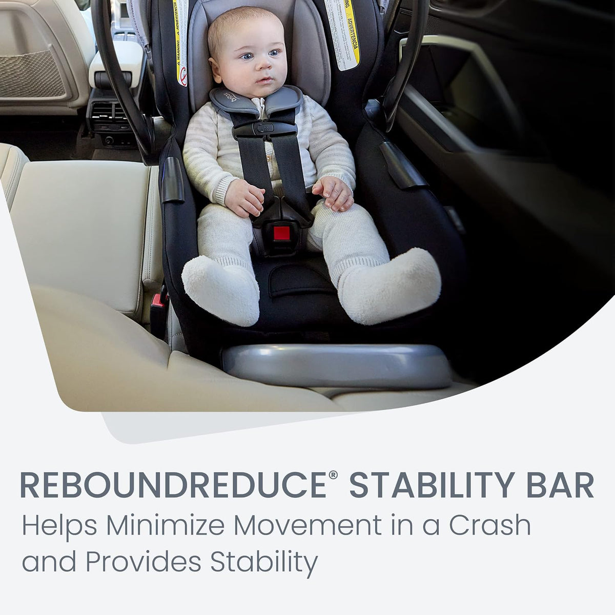 Baby in the Britax Willow S with the ReboundReduce stability bar against the vehicle seat
