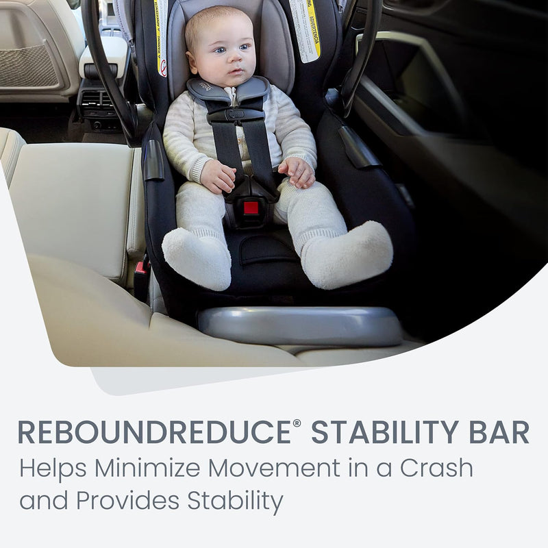 Baby in the Britax Willow S with the ReboundReduce stability bar against the vehicle seat