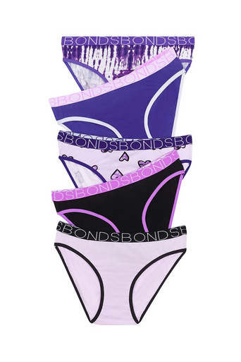 Bonds Girls Bikini Briefs 5 Pack - Tie Dye / Hearts Multi-1