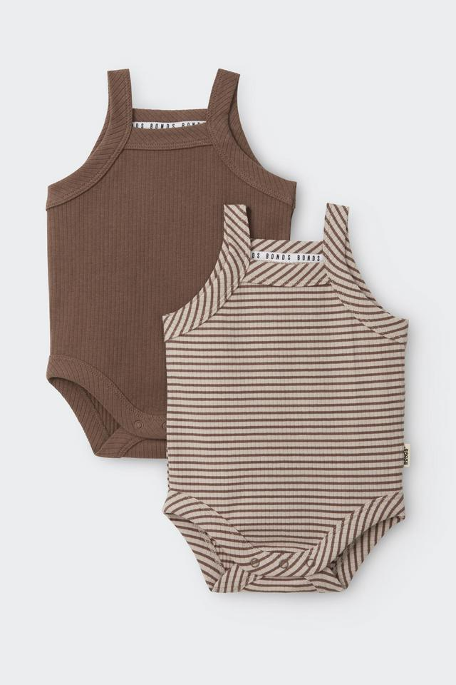 Bonds Newbies Rib Singlet Suit 2pk - Sand By Me / Mocha Dust-1